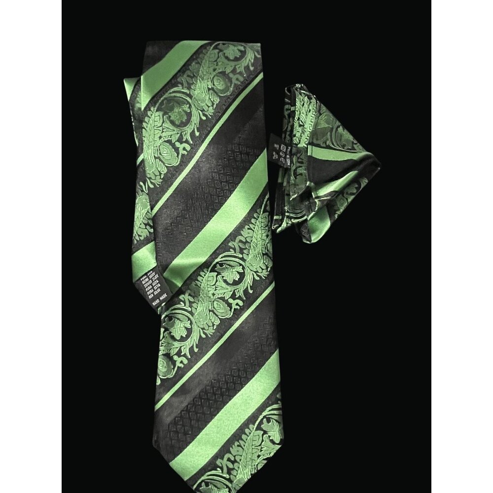Paul Malone Mens Green & Black Striped Floral Pattern Silk Tie With Matching Poc